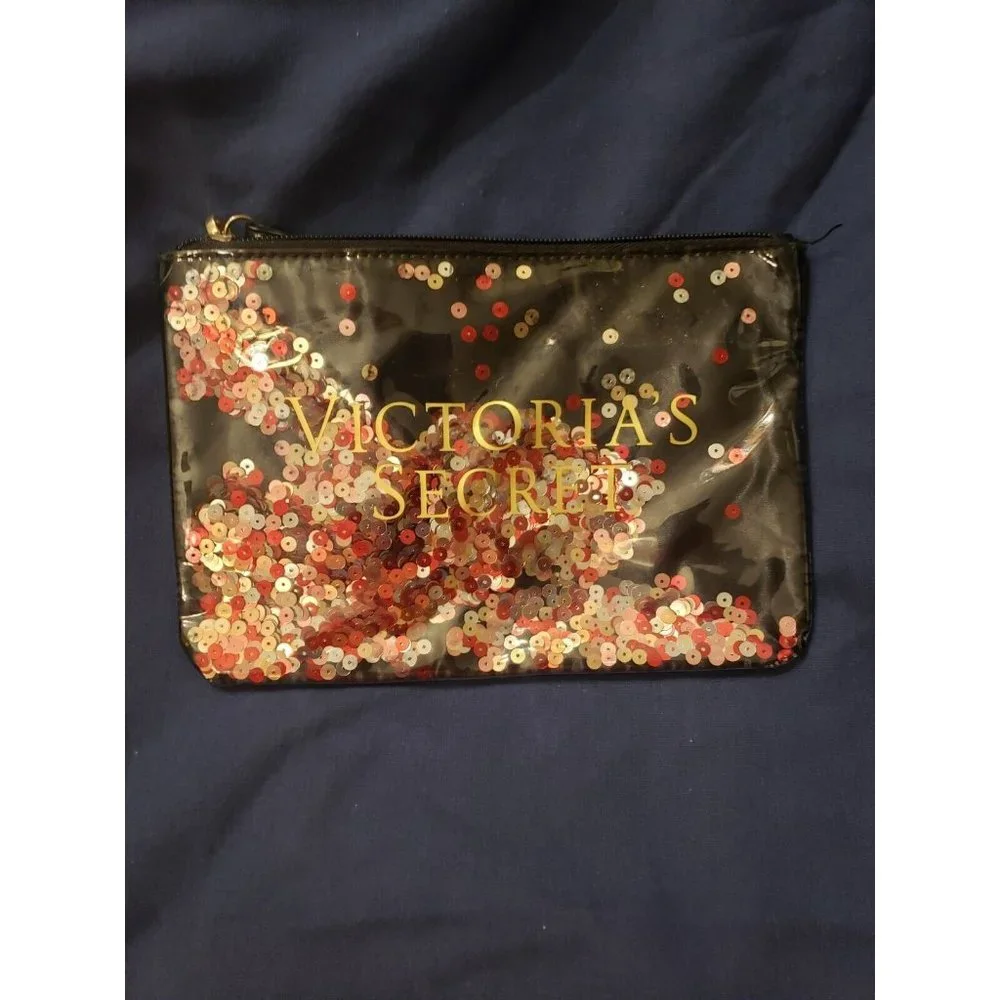 VICTORIA'S SECRET BLACK SEQUIN‎ CLIP ON MINI BAG MAKEUP COSMETIC PENCIL POUCH